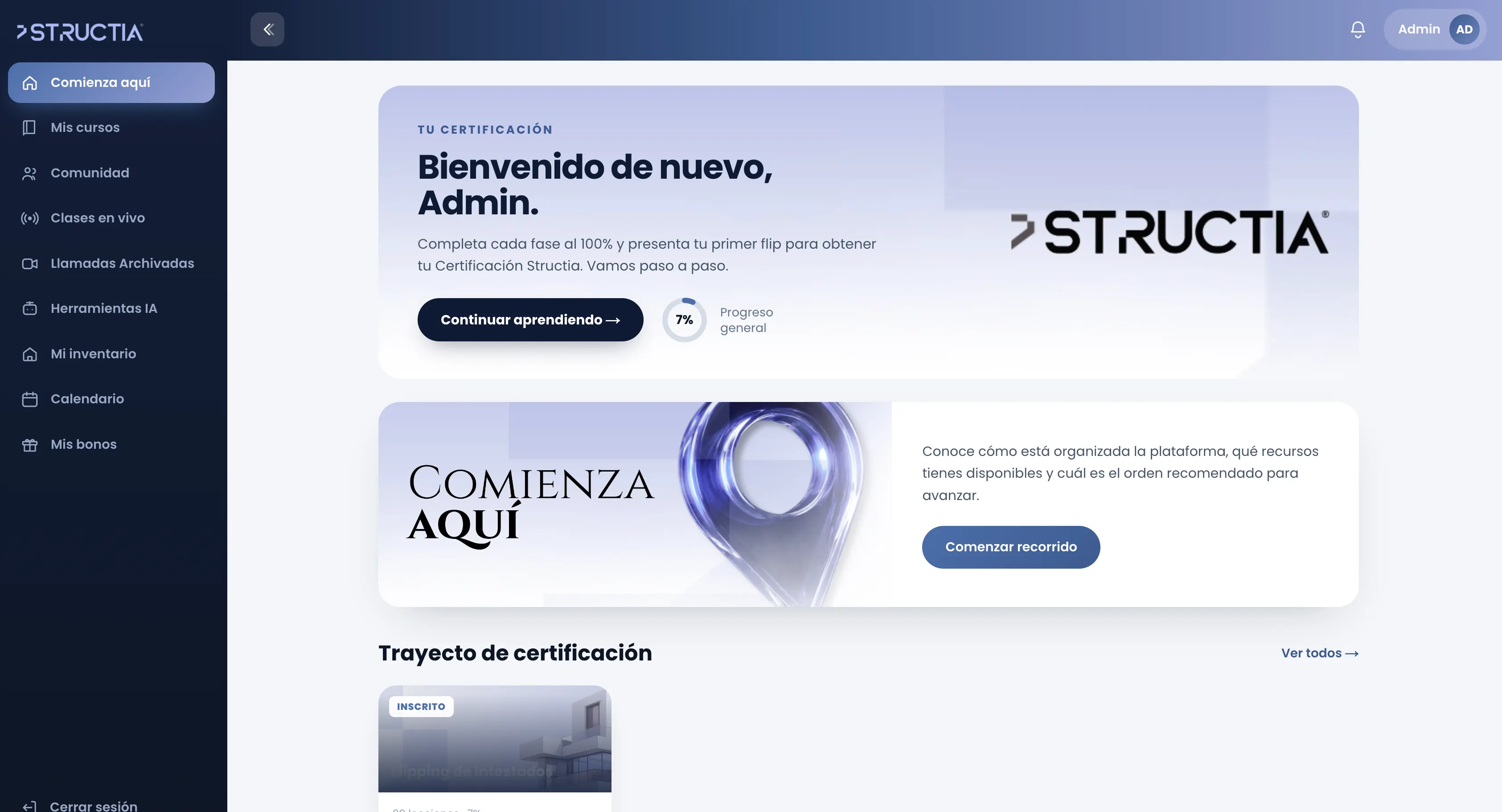 Plataforma de formación Structia: trayecto de certificación, clases en vivo y herramientas de IA.